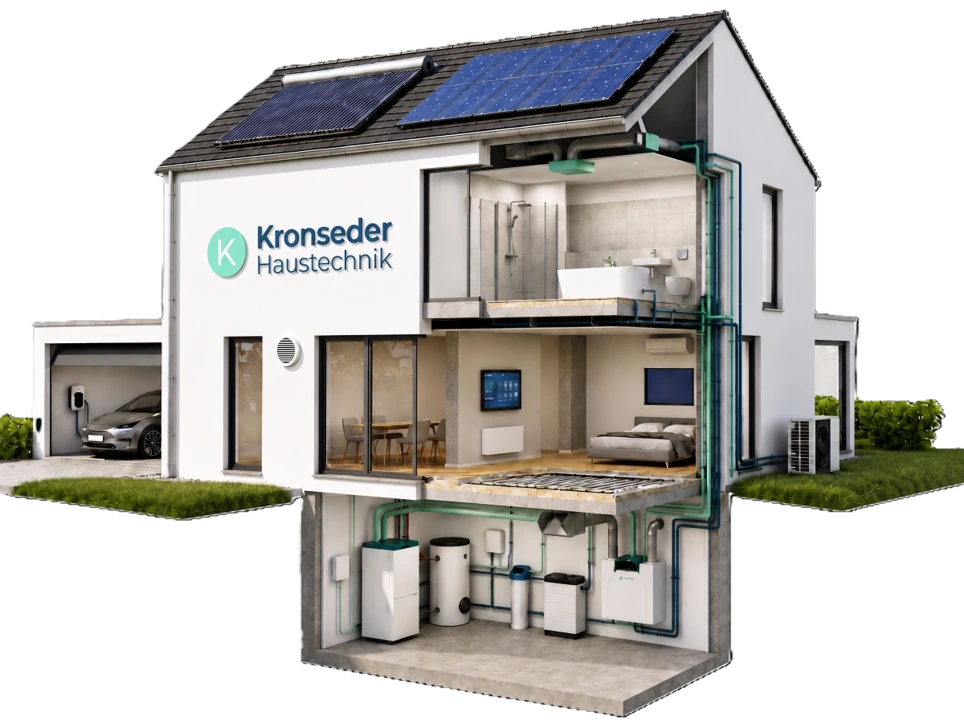 Schnittzeichnung eines Einfamilienhauses mit integrierter Kronseder Haustechnik Gebäudetechnik: Heizung, Lüftung, Sanitär, Solar und E-Mobilität.